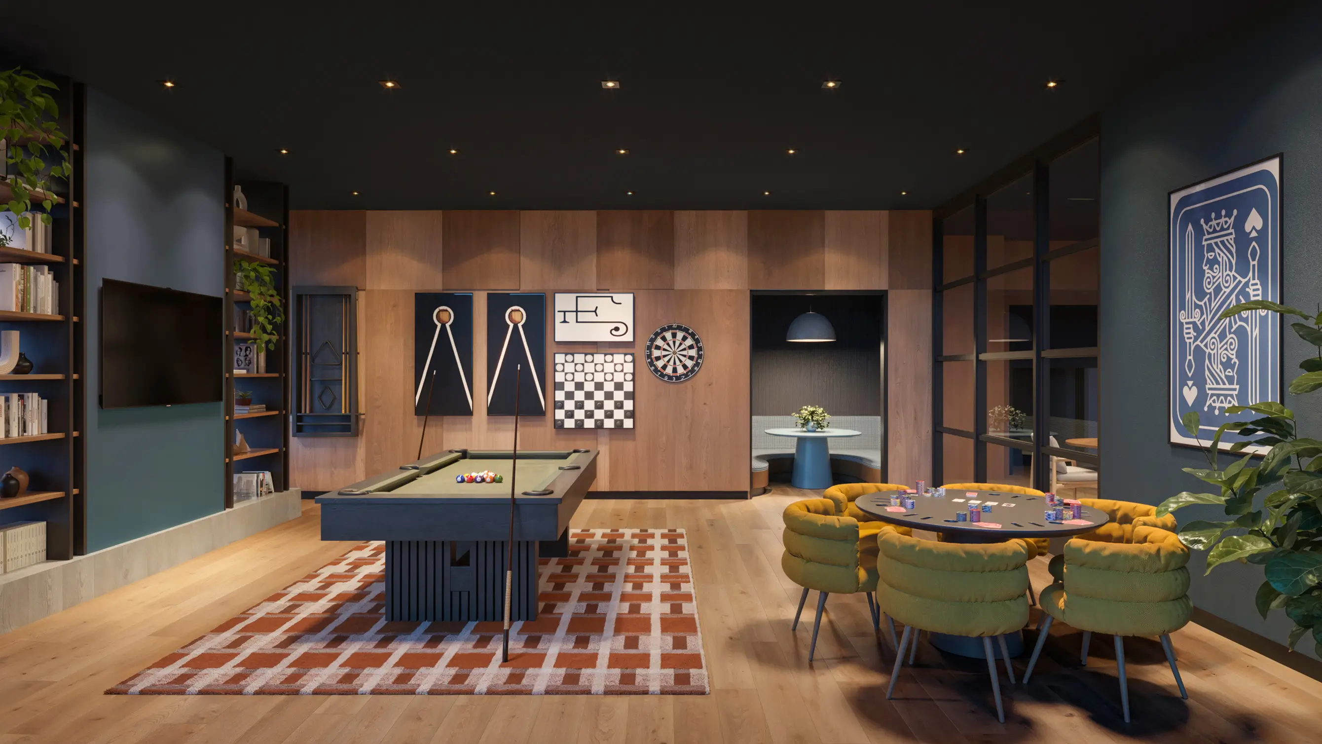 clubhouse with a pool table and lounge seating