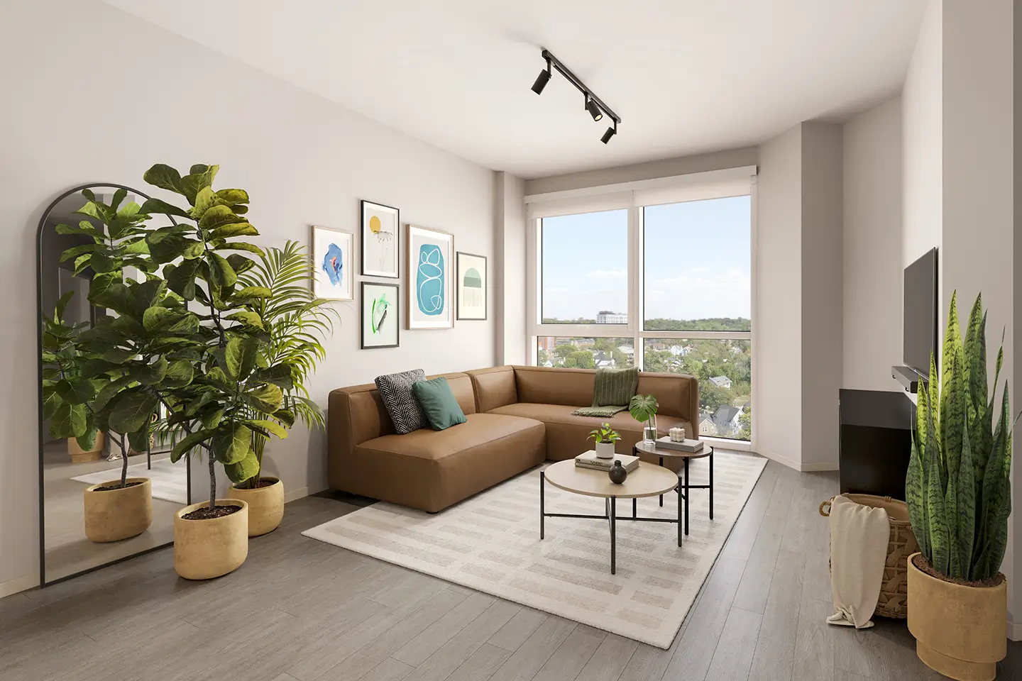 furnished living room with a large window