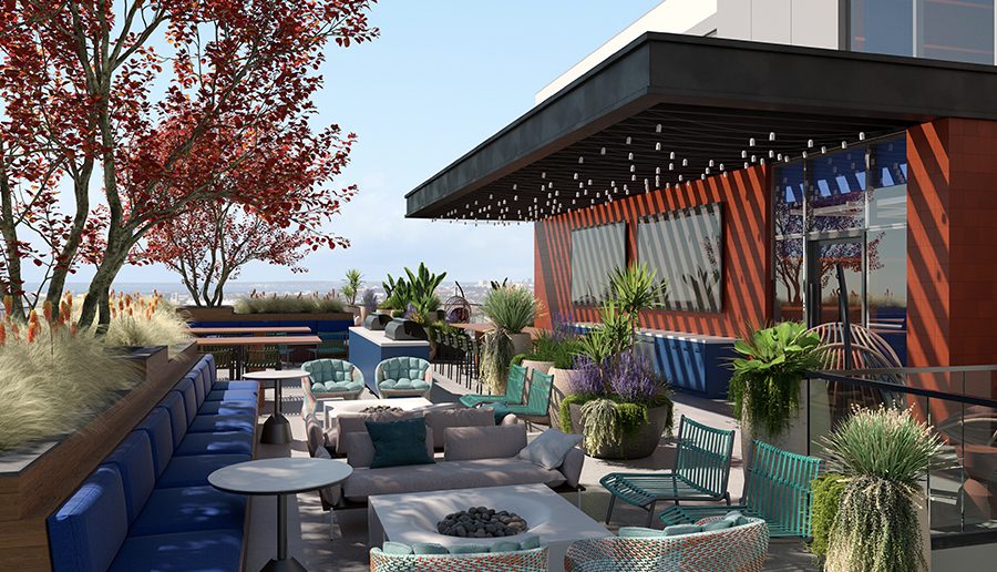Outdoor lounge area with fireplace