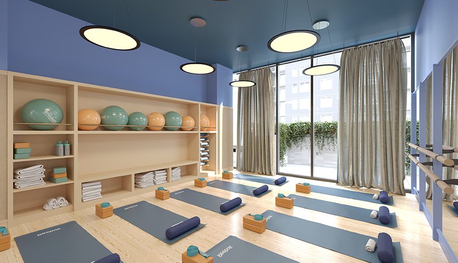 Yoga studio with blue mats laid out