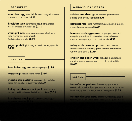 New Here Coffee food menu