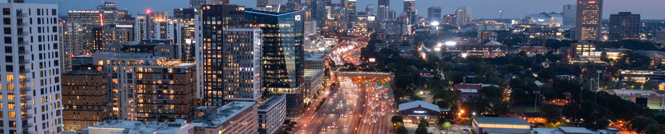 A city skyline at night