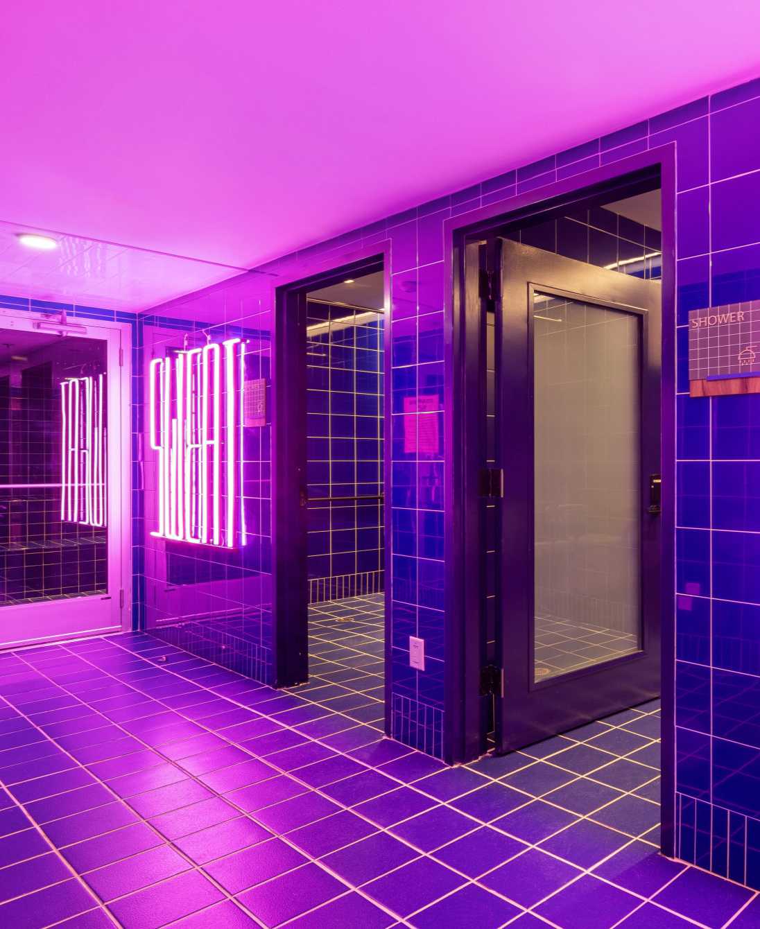 A room with purple lights