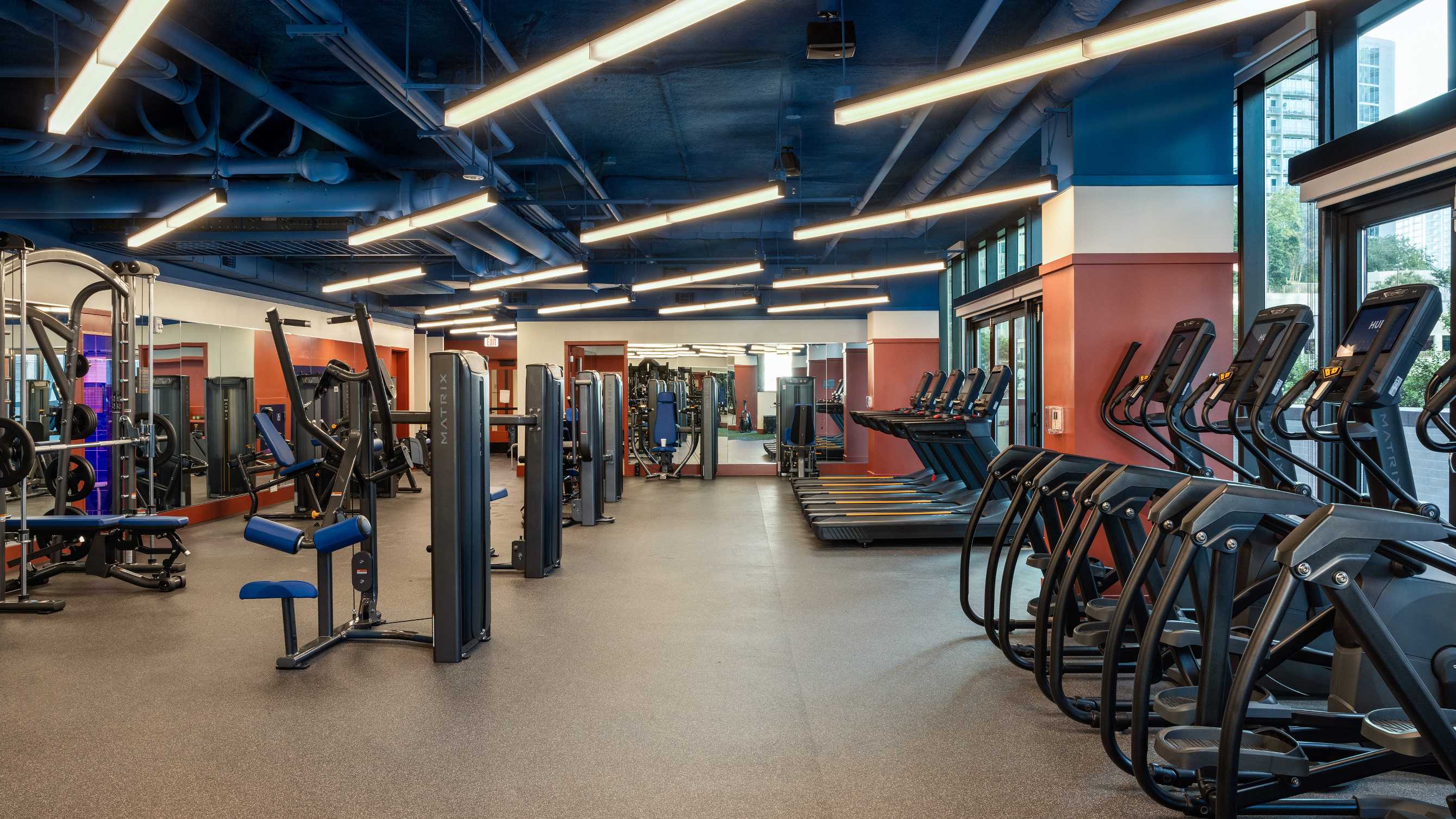 A fitness center with equipment