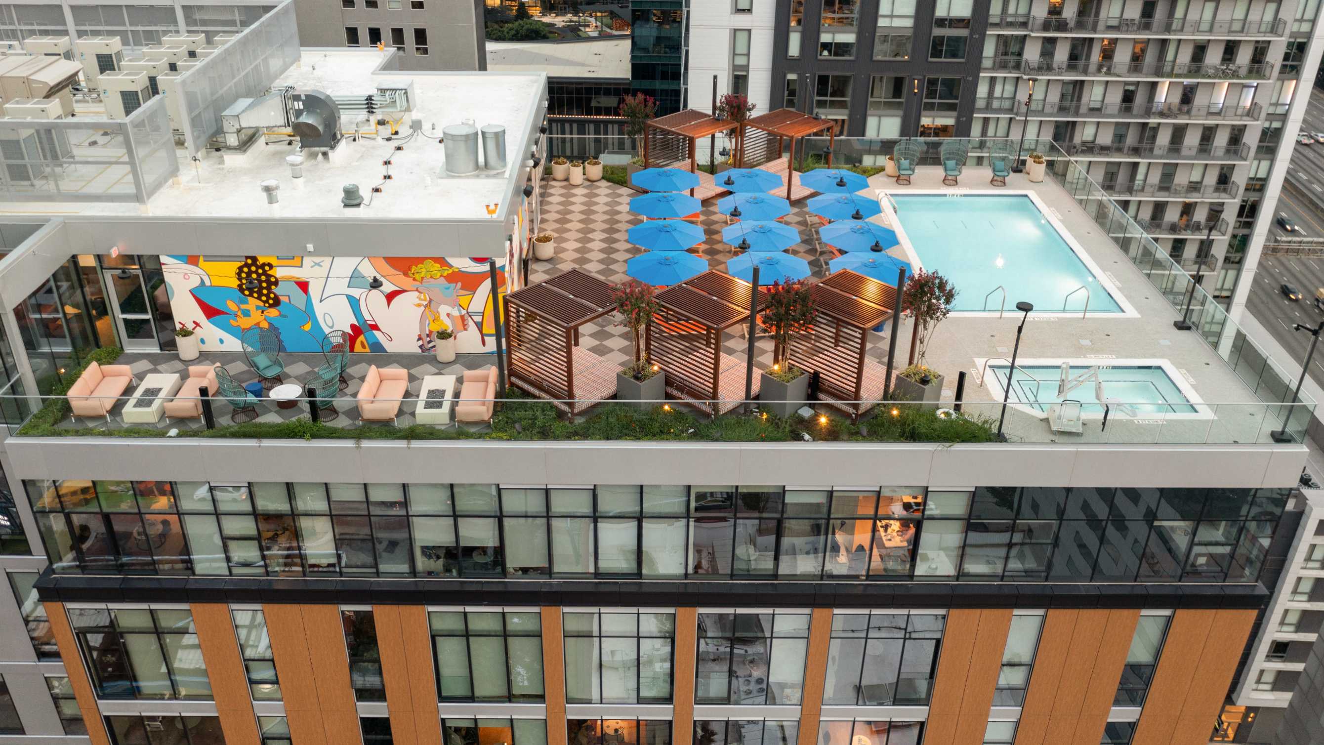 A rooftop swimming pool