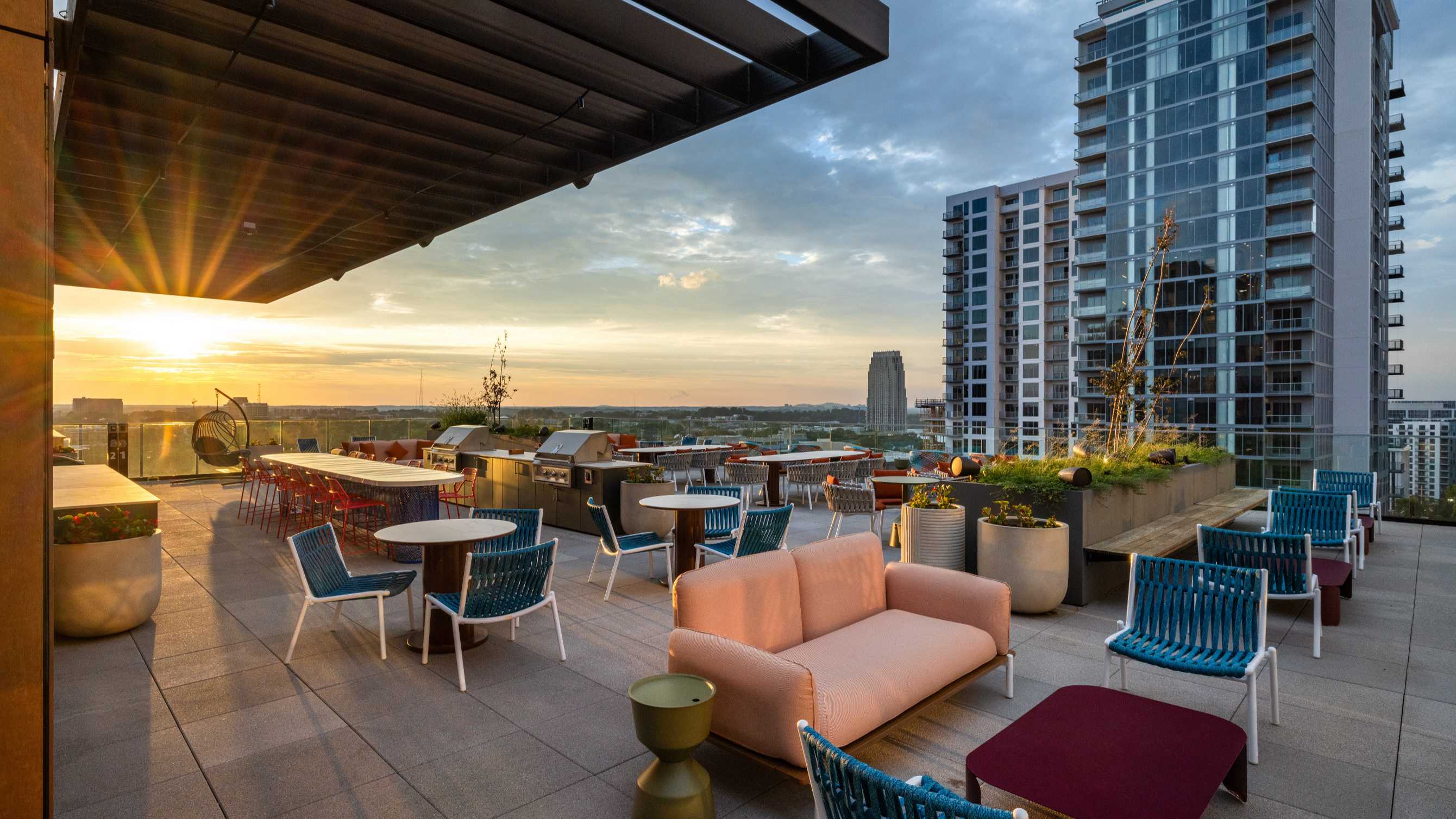 A rooftop lounge seating area