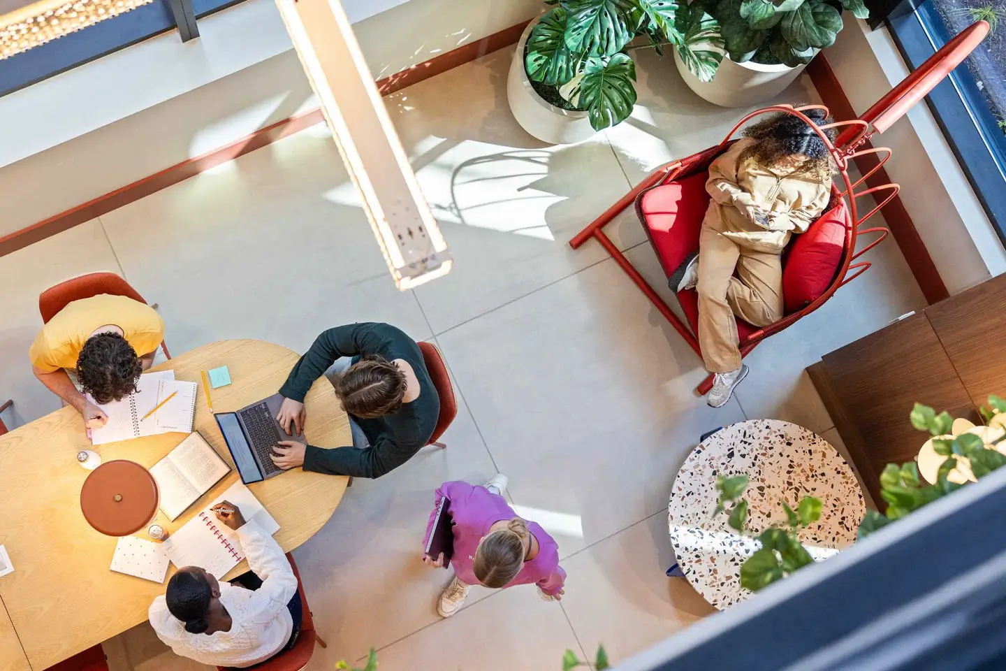 aerial view of students studying