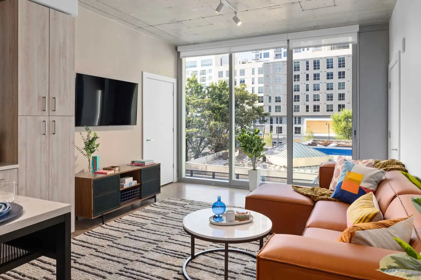 a furnished living room with a TV