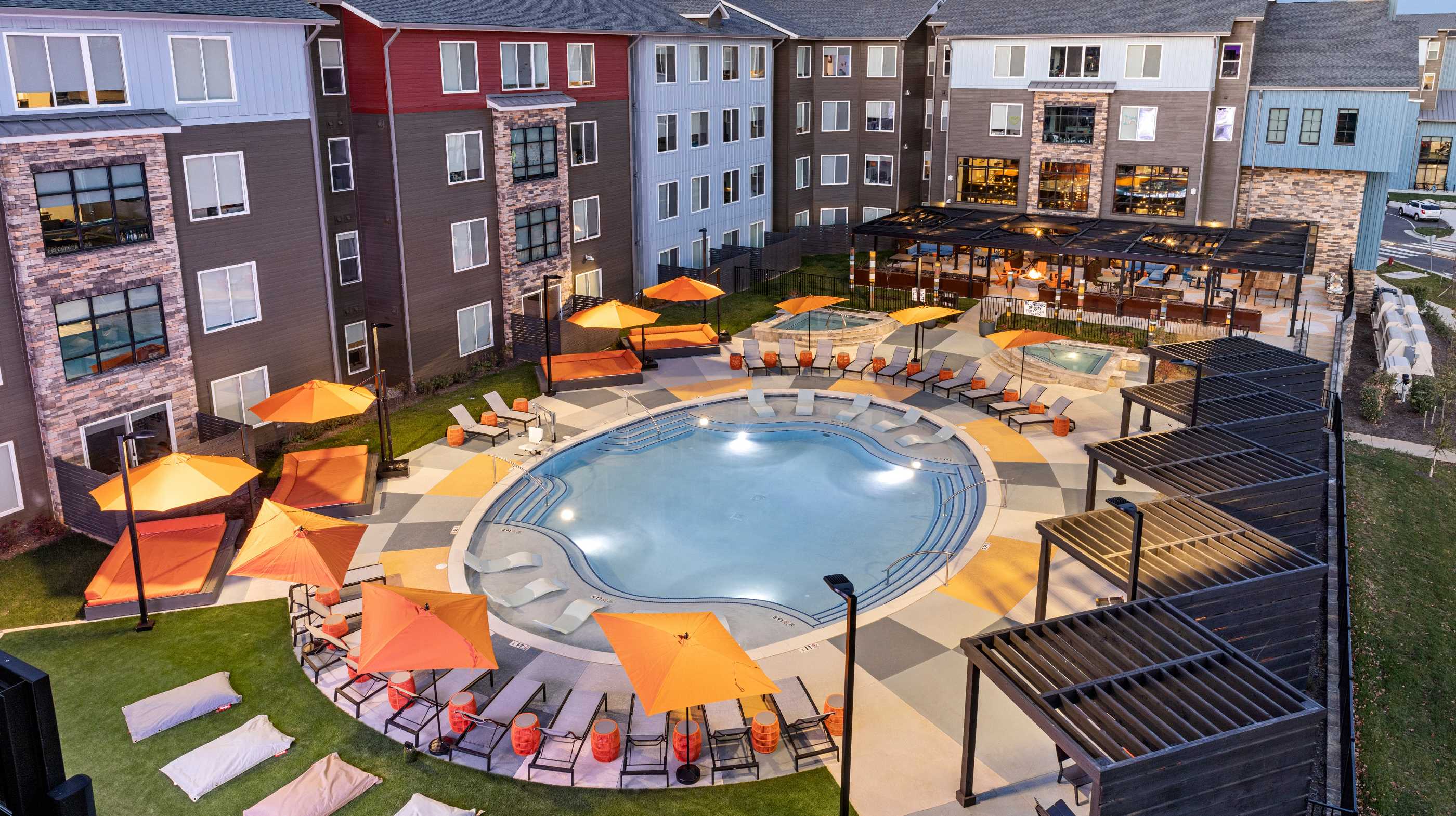 Swimming pool surrounded by chairs