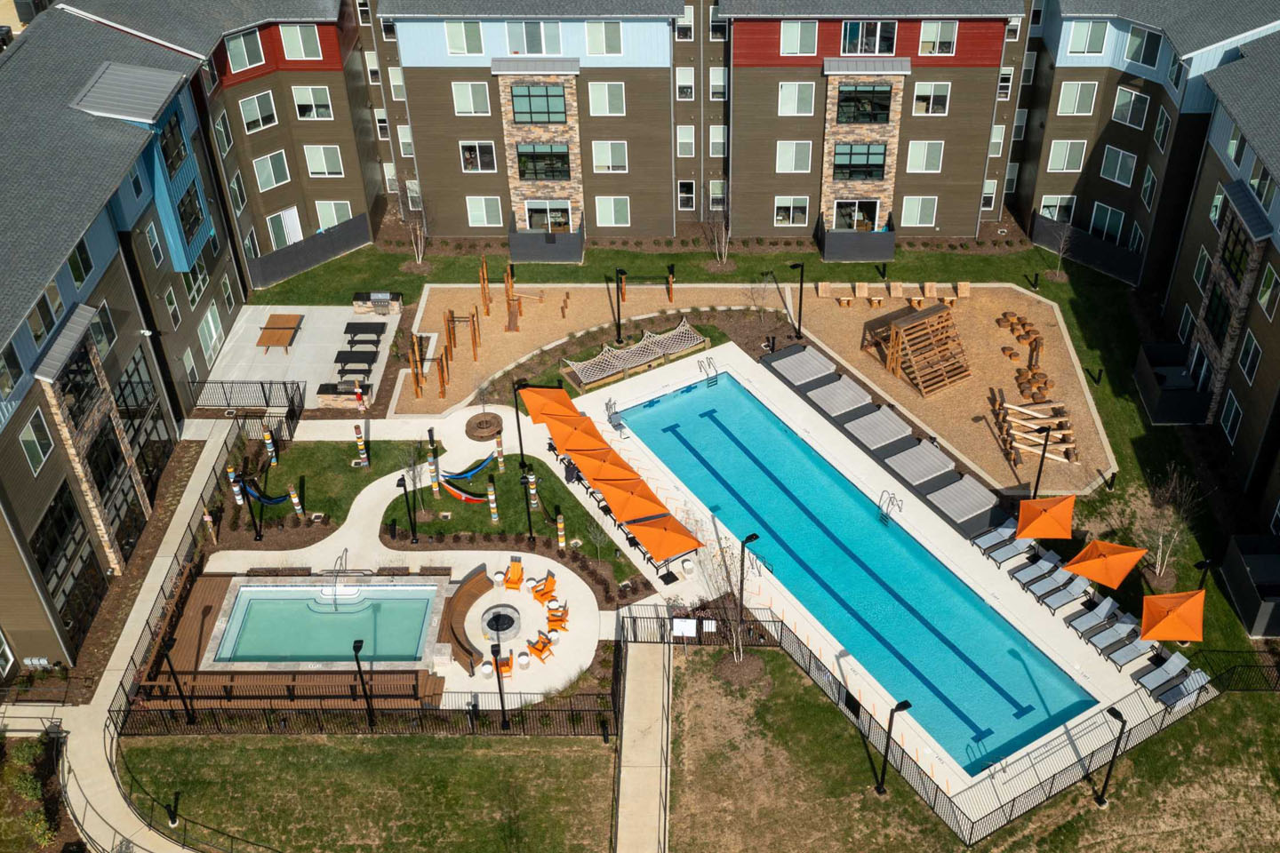 Arial view of apartment complex pools
