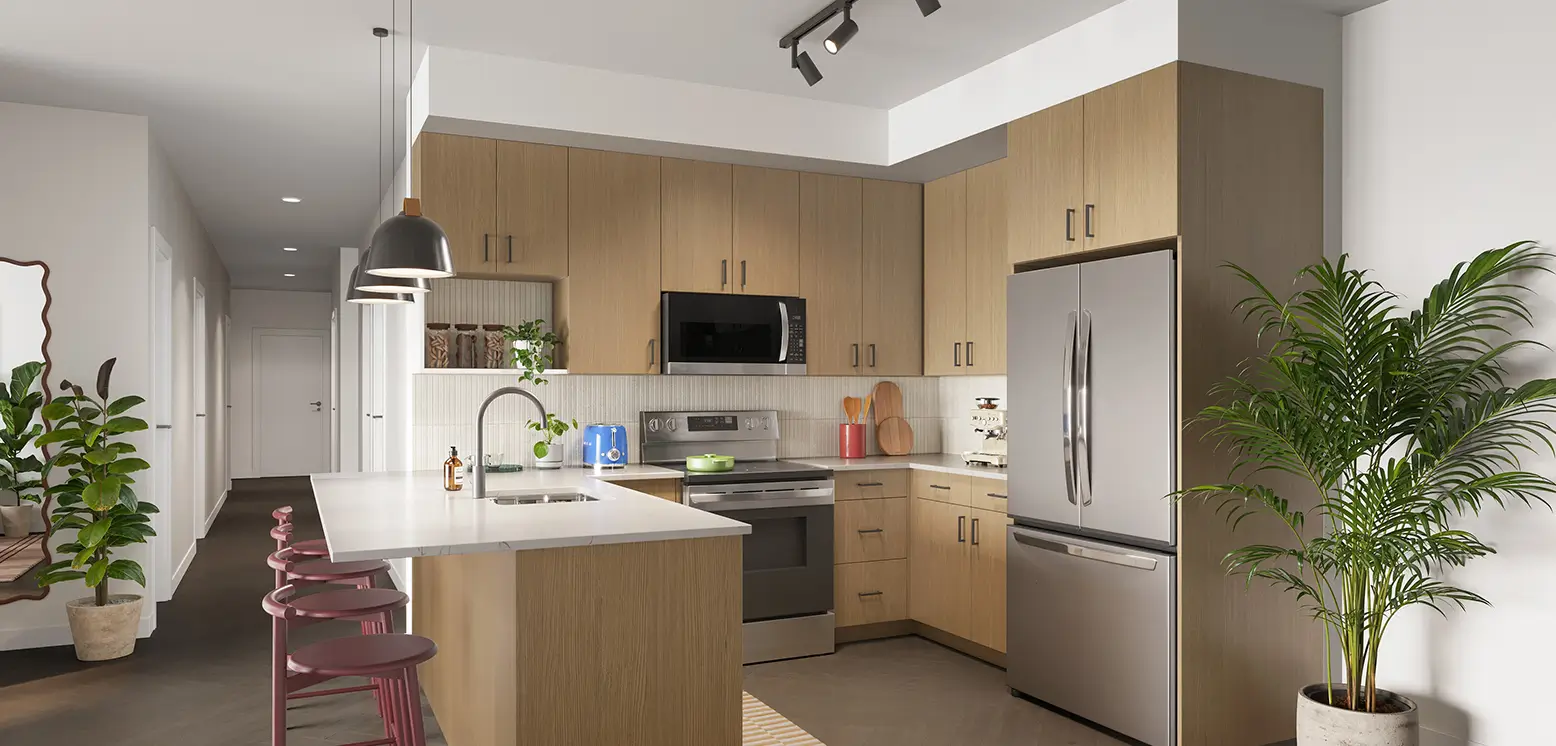 Kitchen with natural finish cabinets and breakfast bar