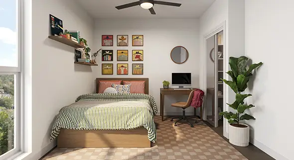 Bedroom with desk and closet