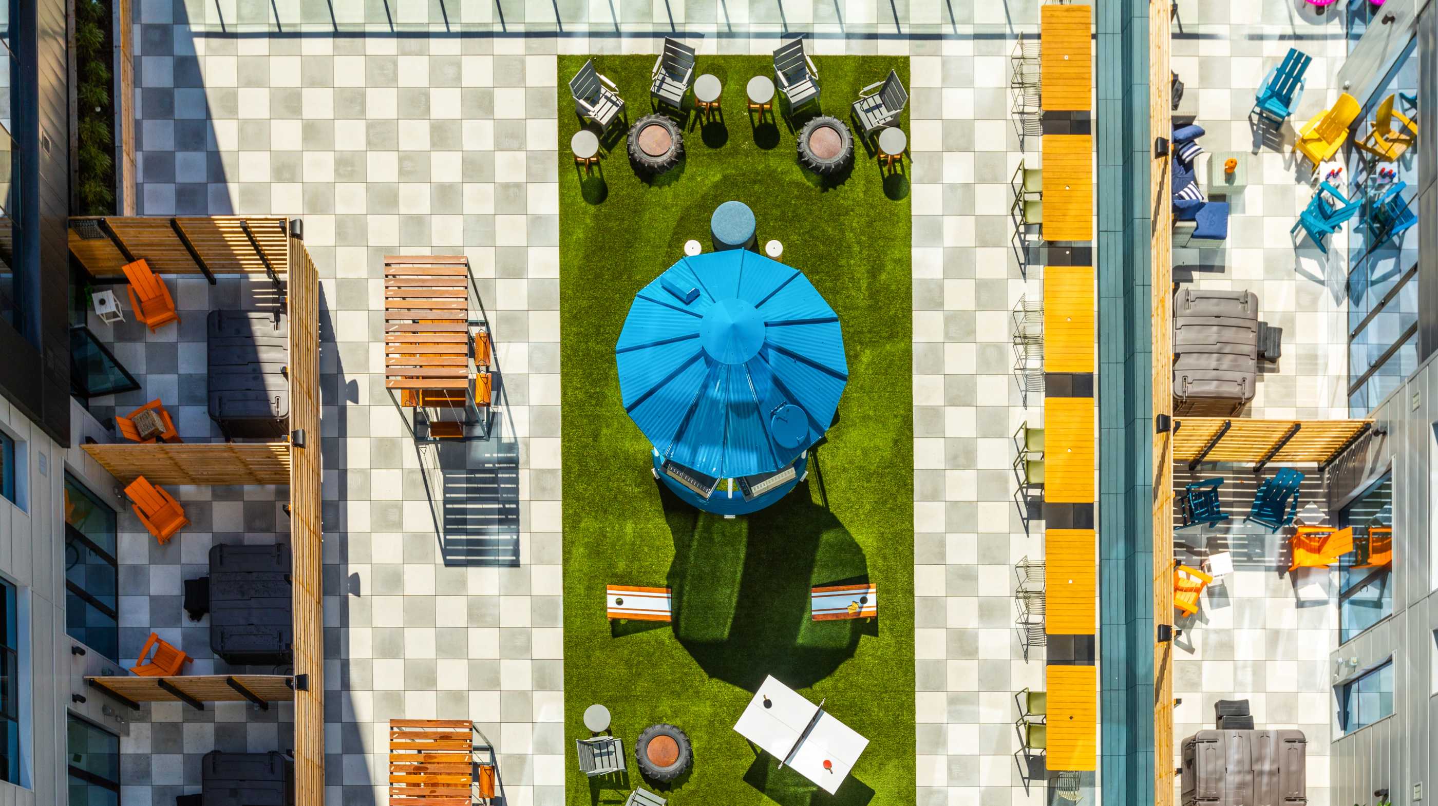 Aerial shot of outdoor resident lounge