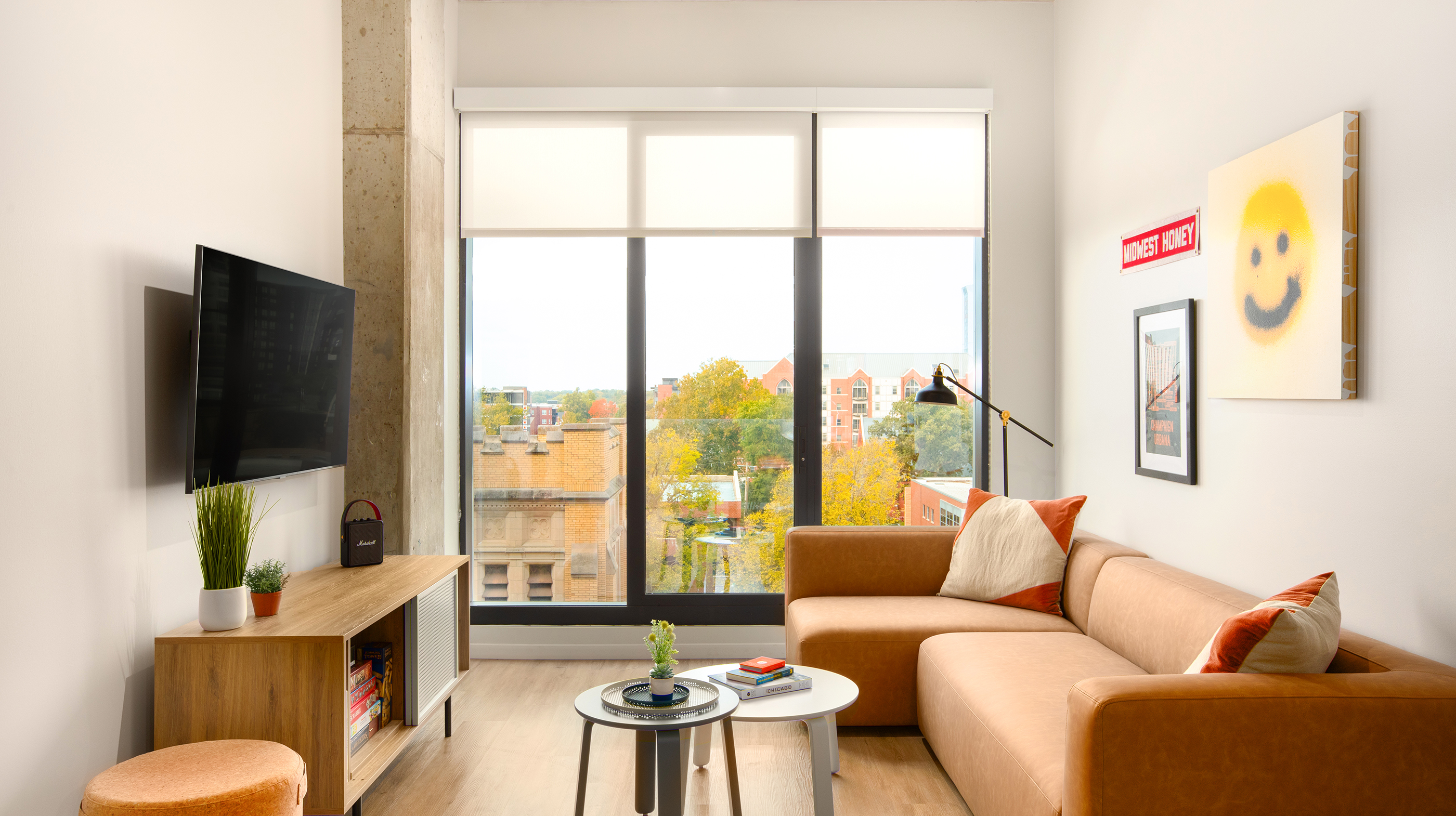 A living room with a TV