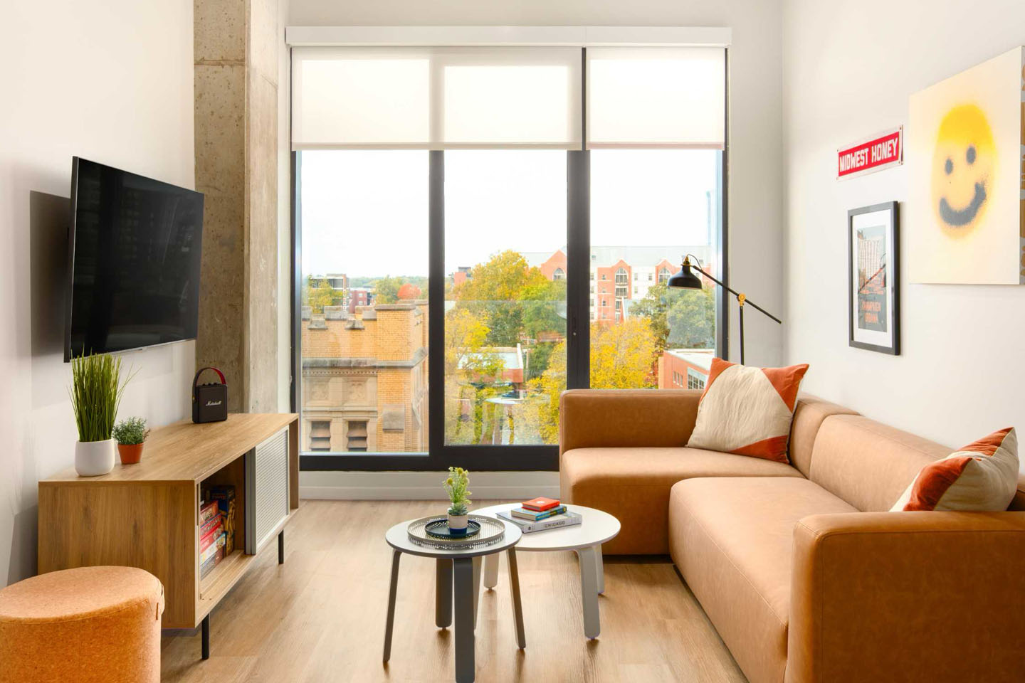 Fully furnished apartment with couch, TV, and large window.