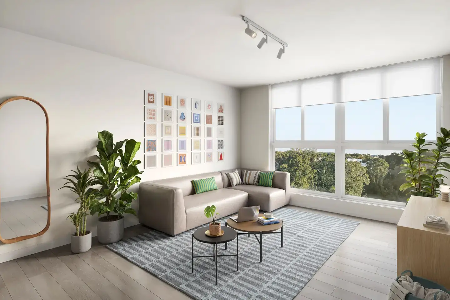 furnished apartment living room with a large window