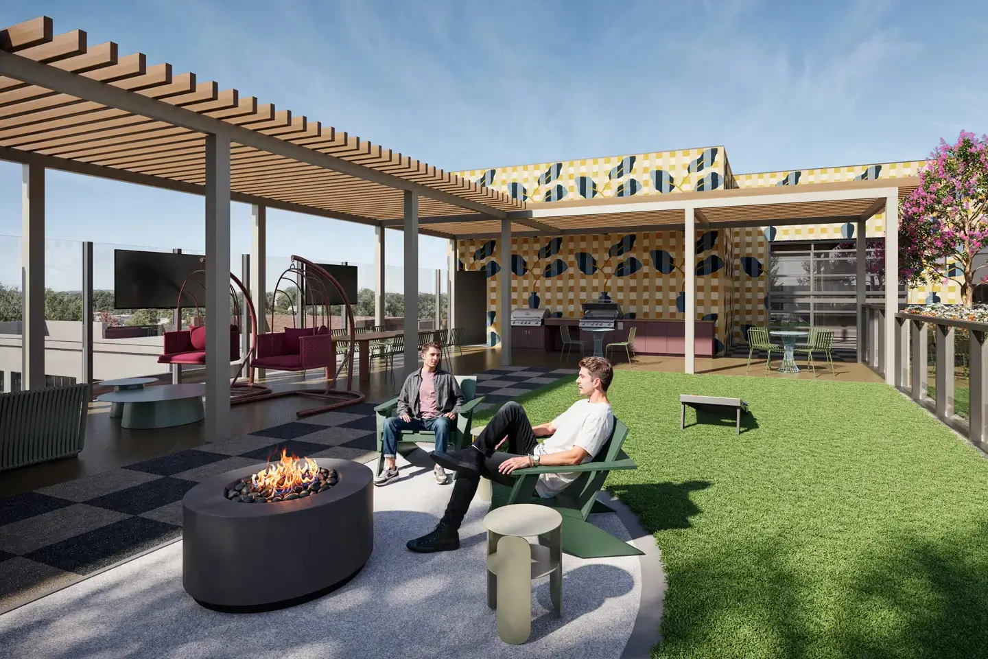 rooftop outdoor hangout spit with a firepit and seating