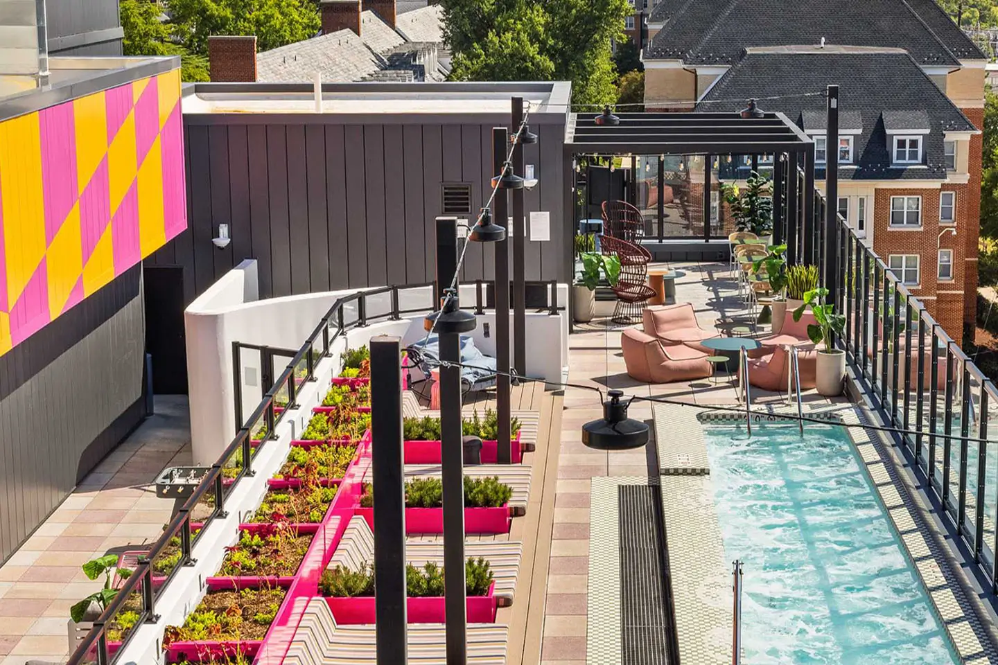 aerial view of an outdoor courtyard and swimming pool