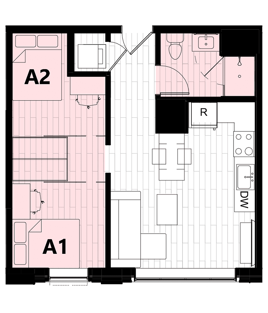 Rendering for 1x1 C floor plan