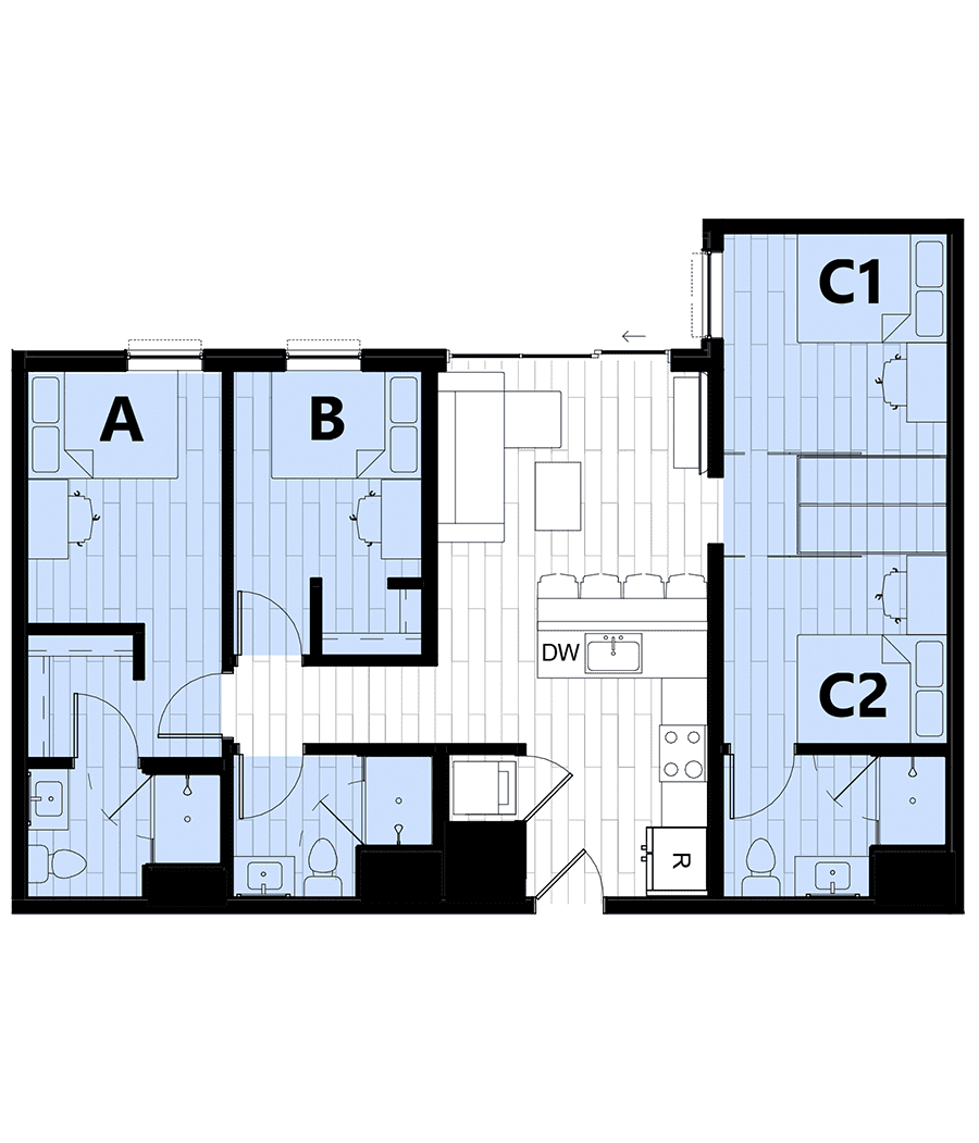 Rendering for 3x3 C floor plan