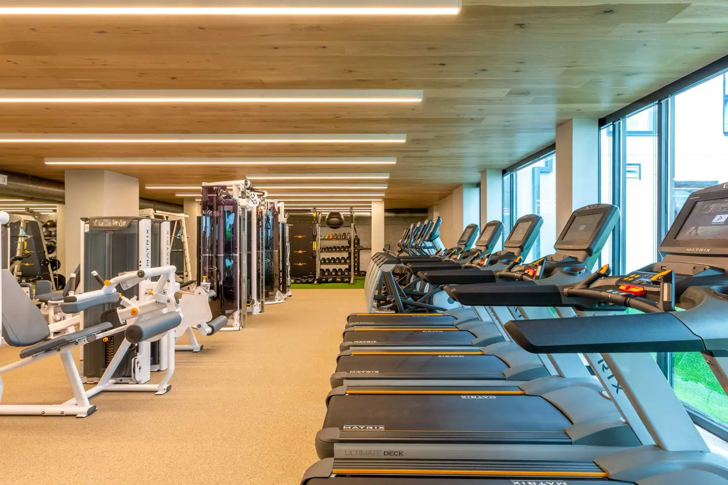 Large apartment gym with centers for cardio, weight machines, and dynamic movement.