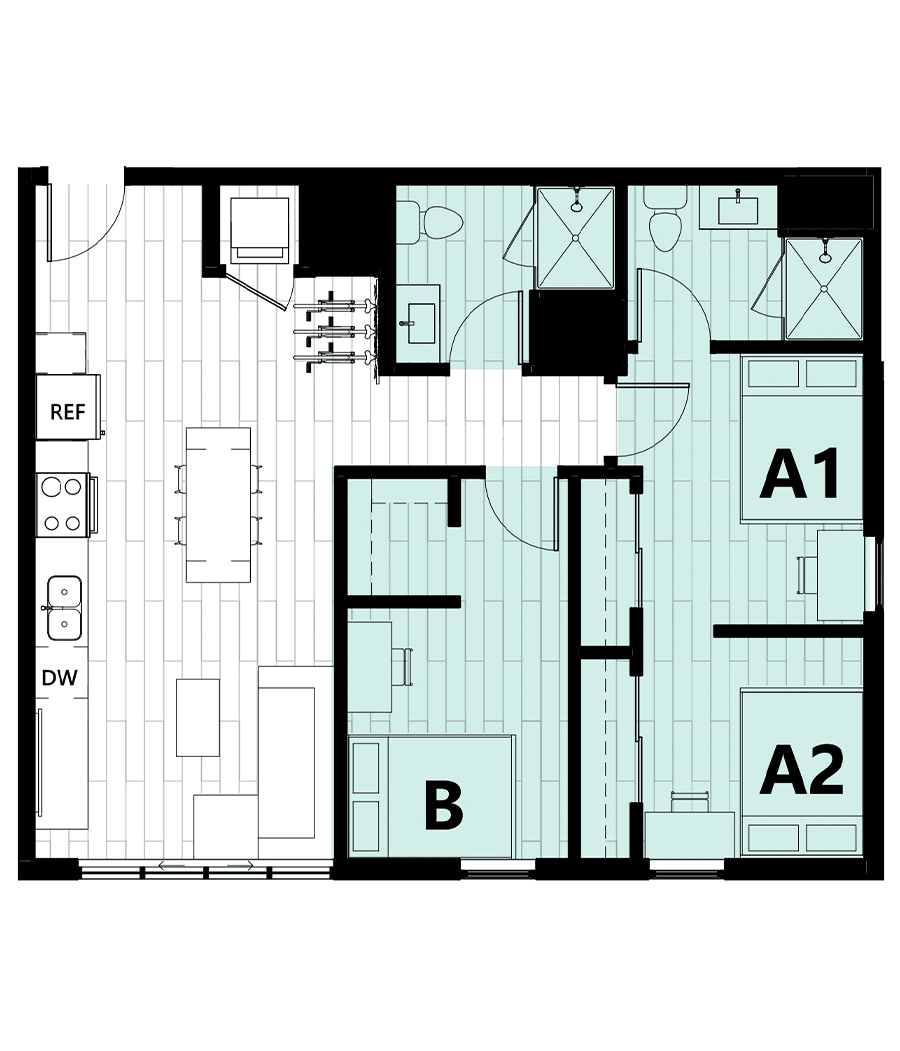 Rendering for 2x2 B floor plan