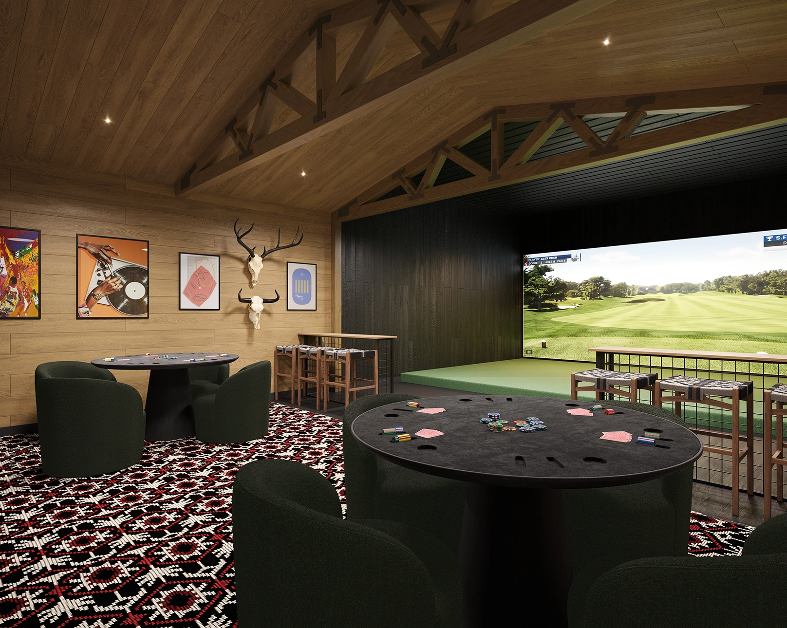 Trophy room with golf simulator