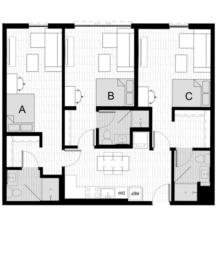 Rendering for 3x3 Studio A floor plan