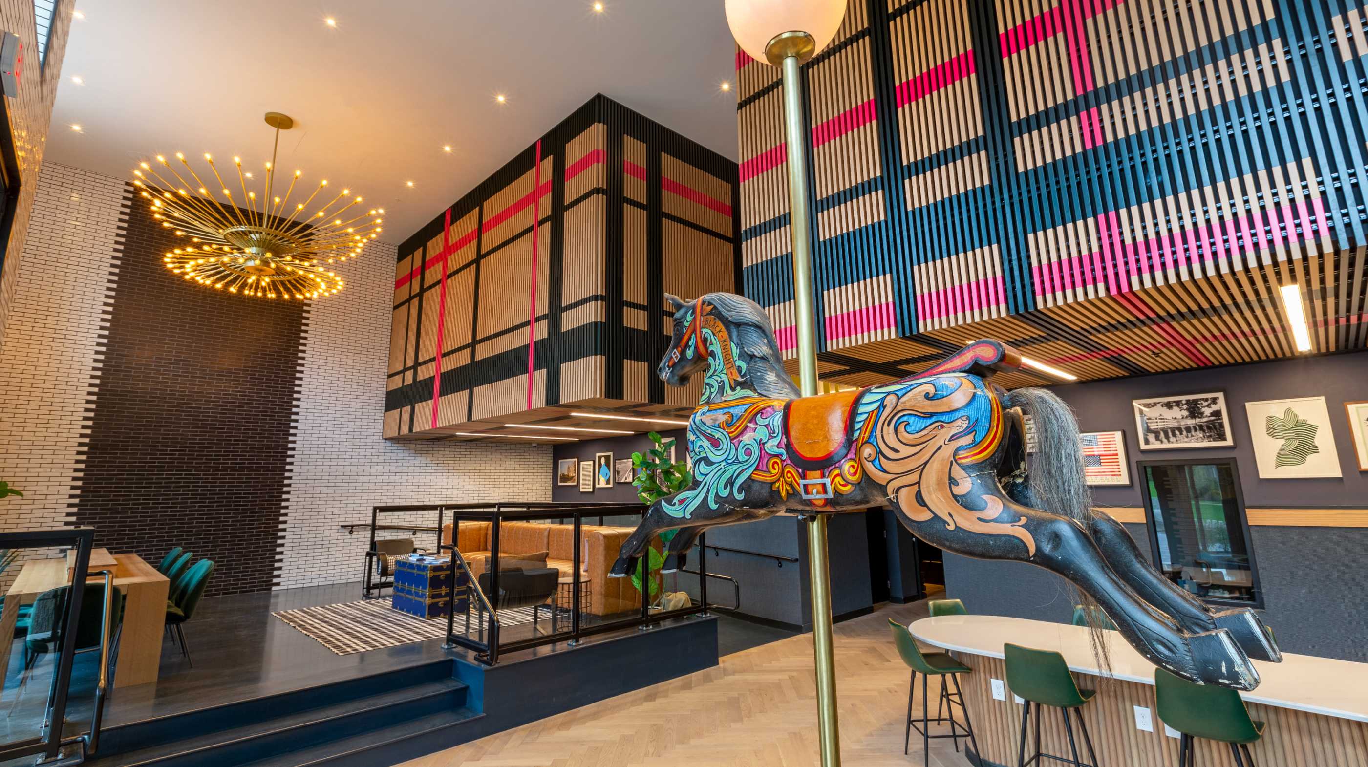 A carousel horse in a lobby