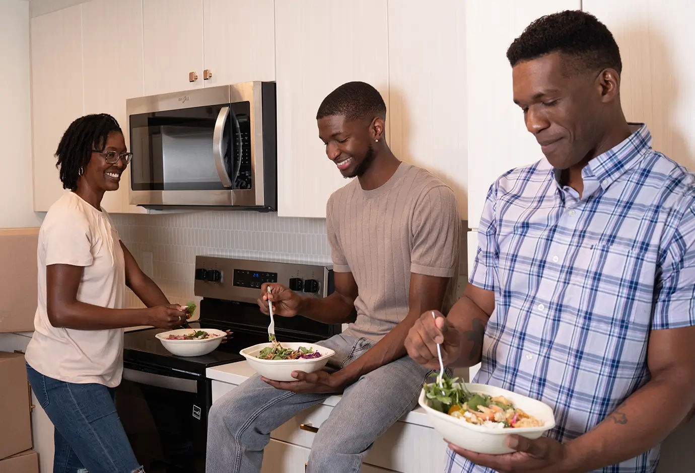 family eating in a kitchen