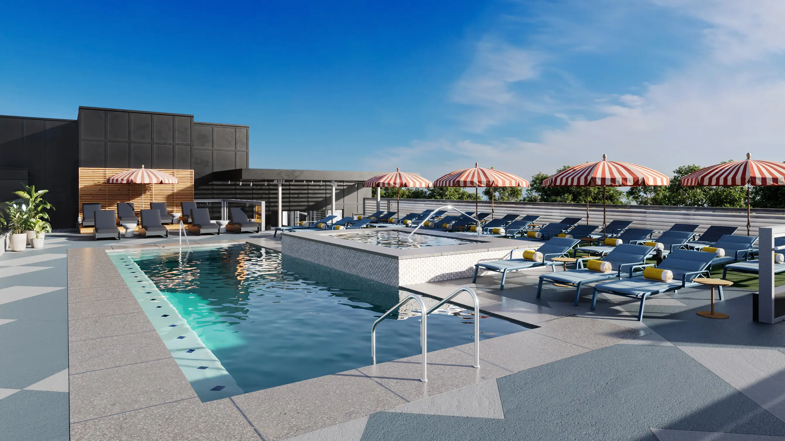 Rooftop pool with lounge seating