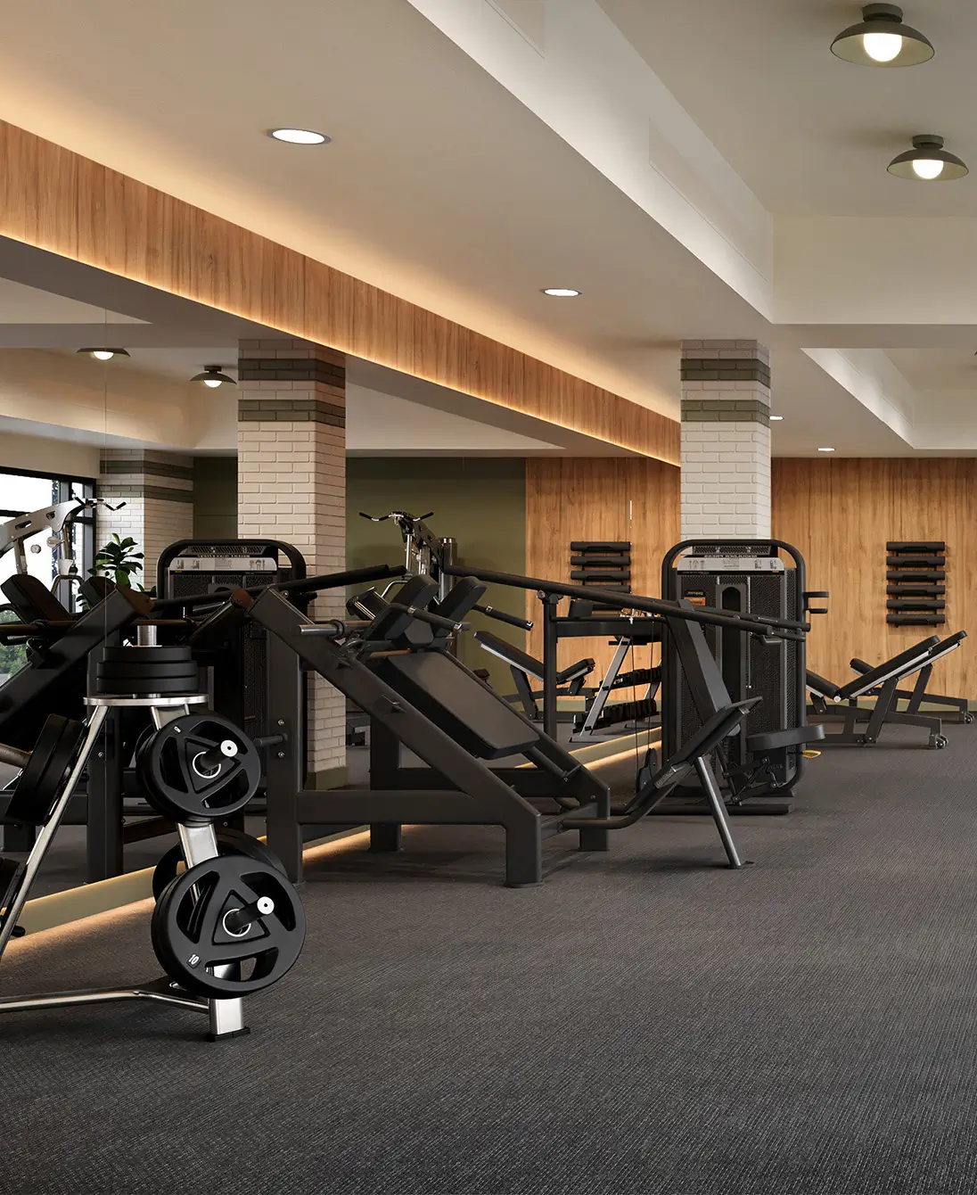 Fitness center with hack squat machine