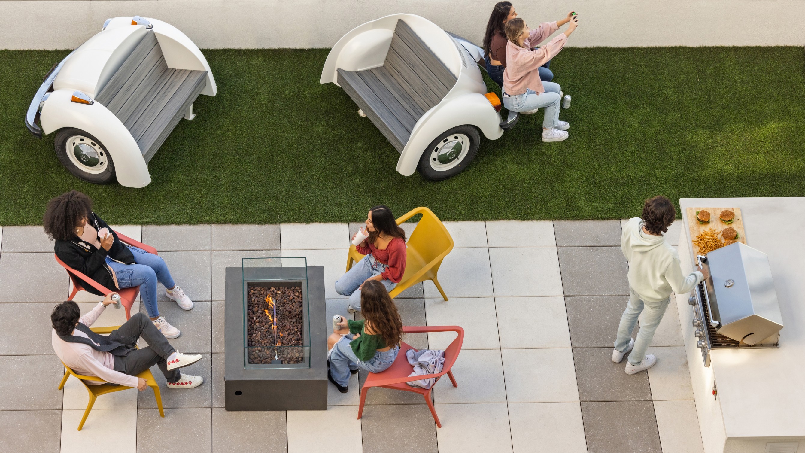 White outdoor seats with wheels