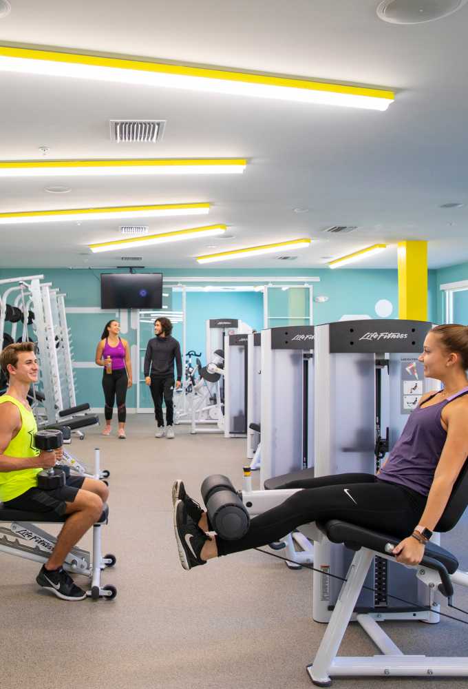 Two friends working out in a fitness center