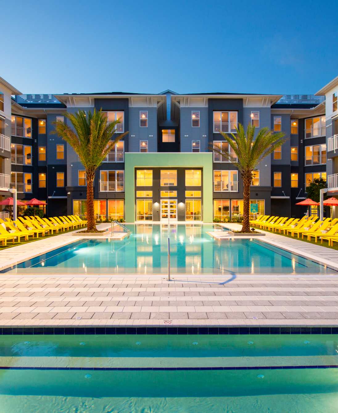 Rectangular swimming pool at night