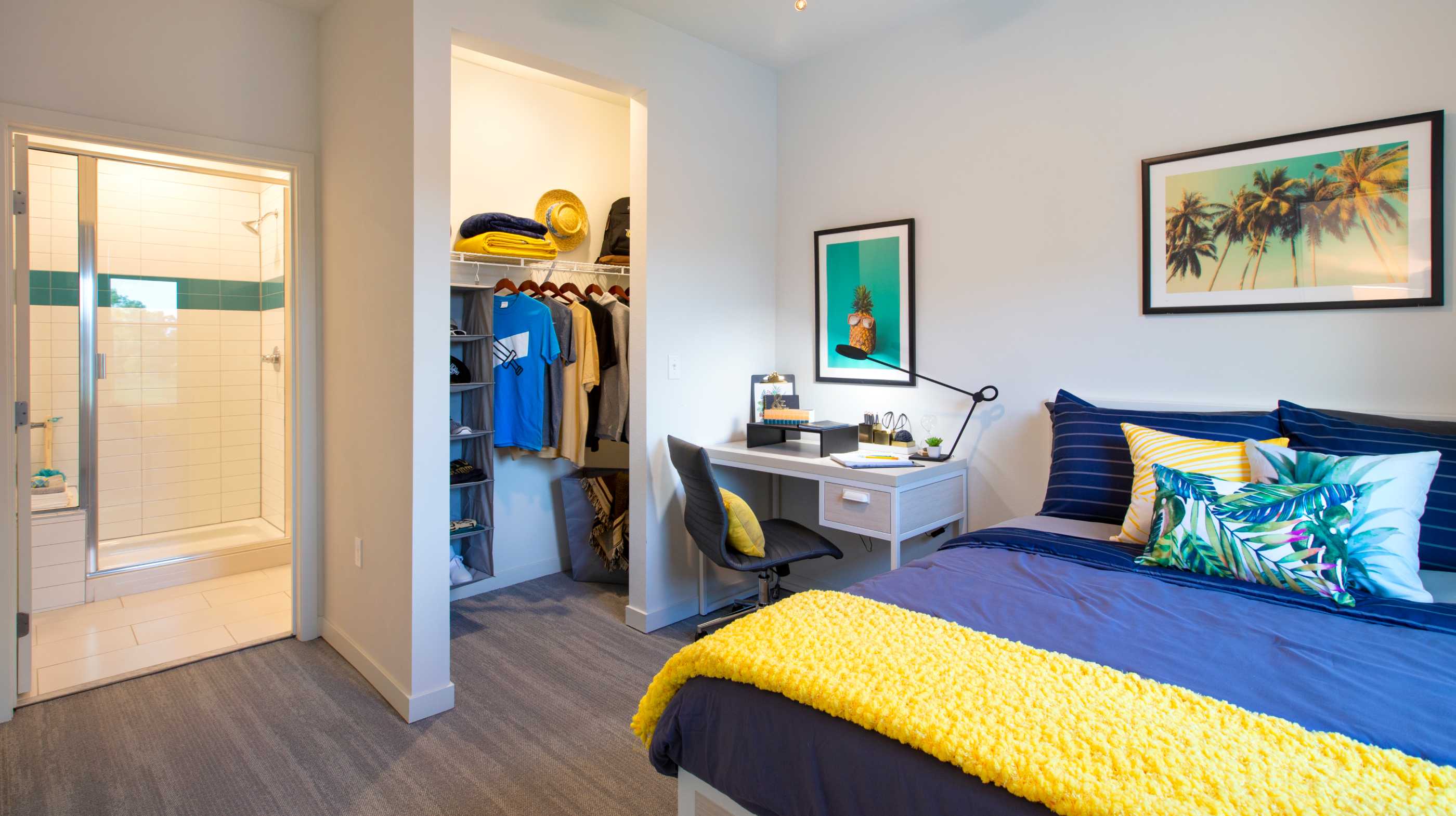 A bedroom with a closet and desk