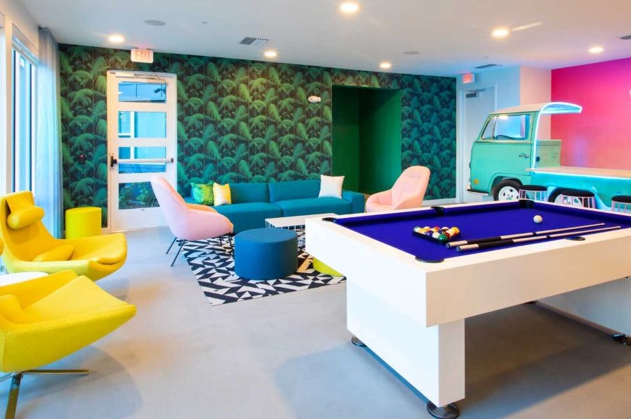A dark blue billiards table