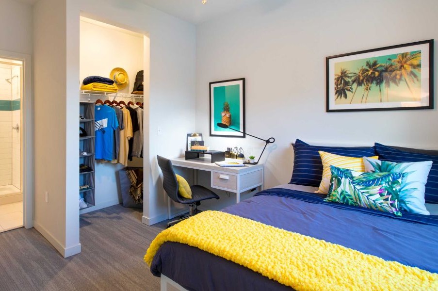 A bedroom with a closet and desk