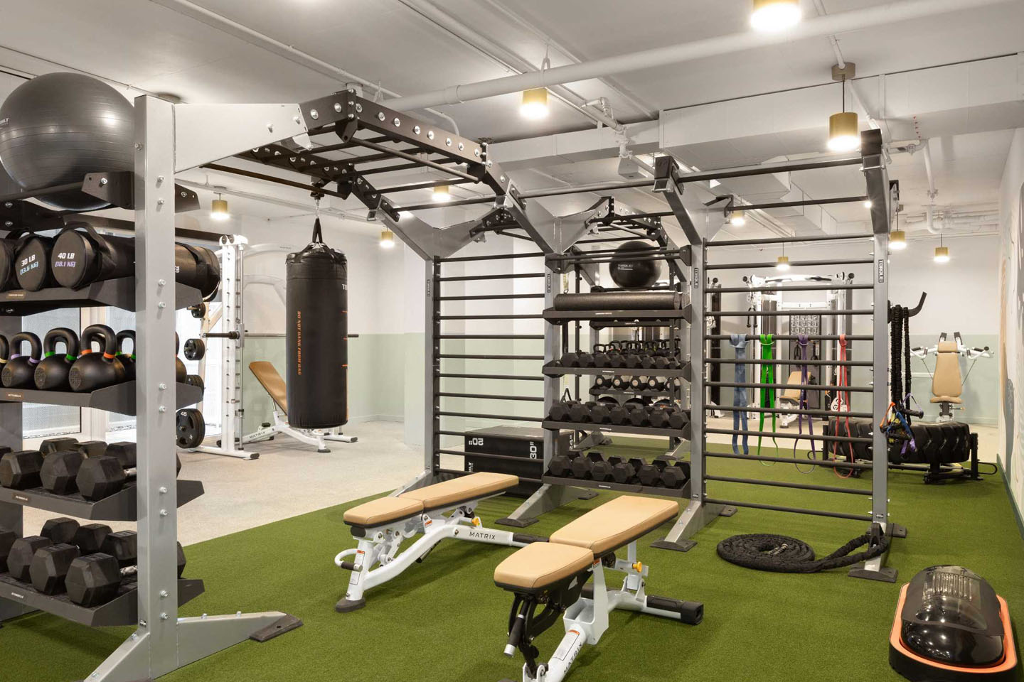 Fitness center with various weights, a punching bag, and yoga balls.