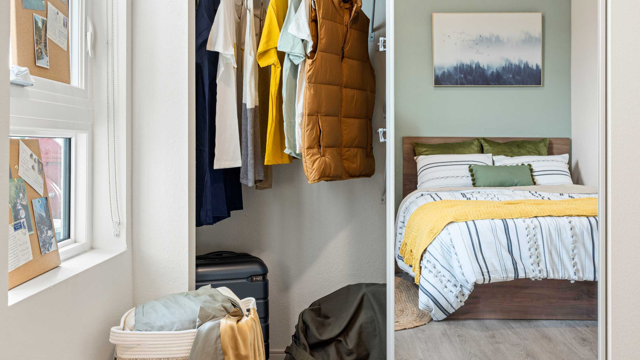 A bedroom closet filled with clothes