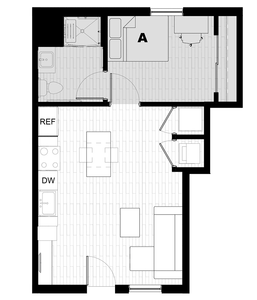 Rendering for 1x1 B floor plan