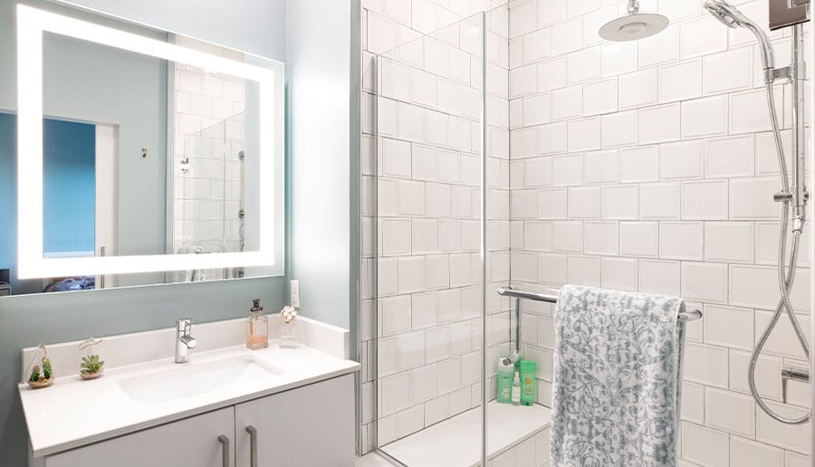 Walk-in Showers with Glass Enclosure and Bluetooth Showerhead Speaker and Body Spray Column