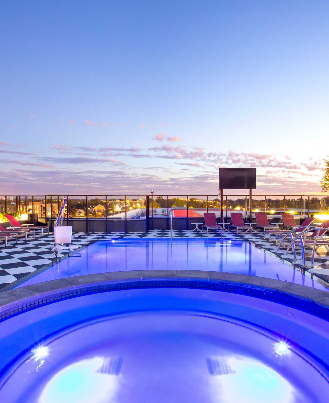 A swimming pool at night