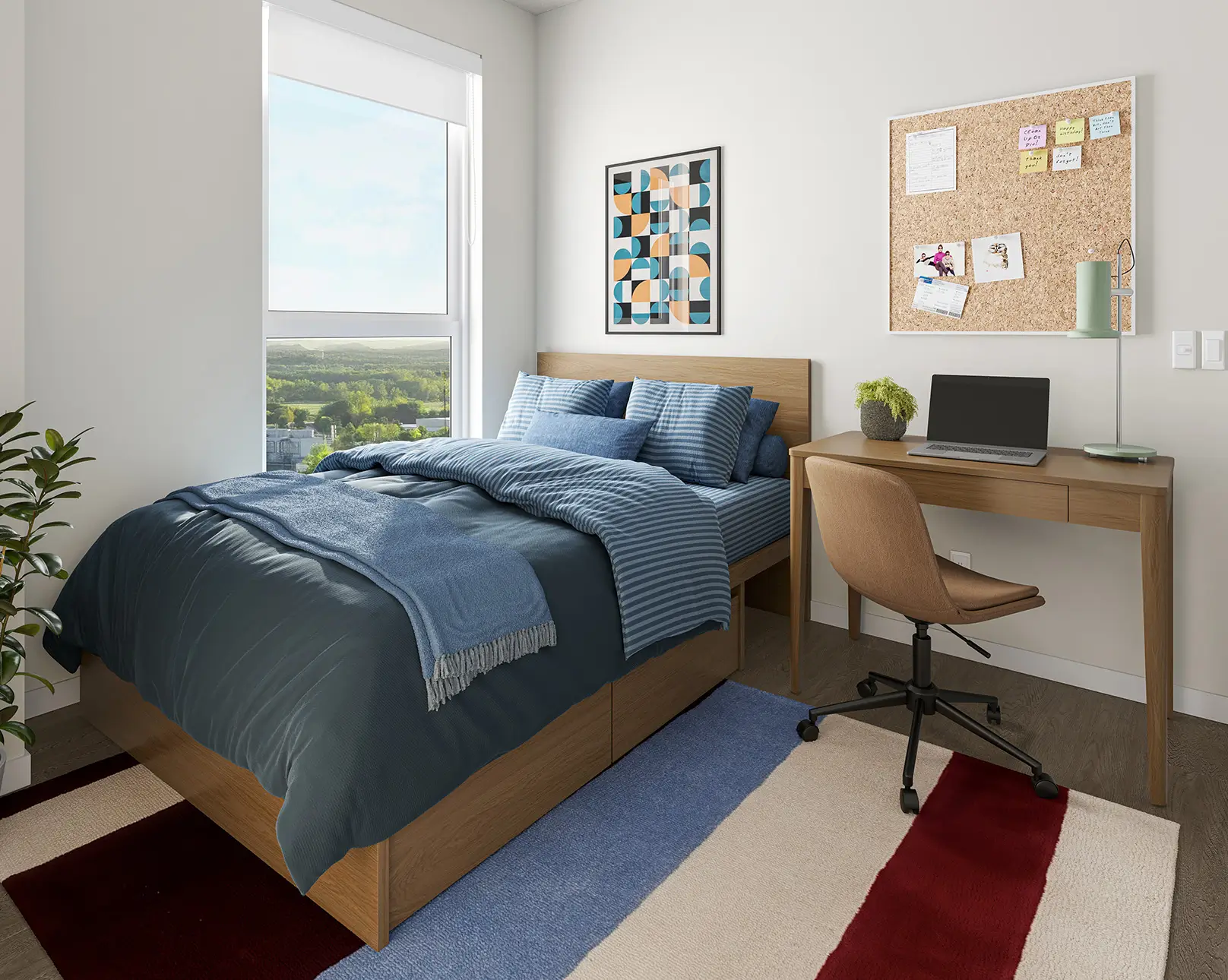Fully furnished room with bed, desk and chair