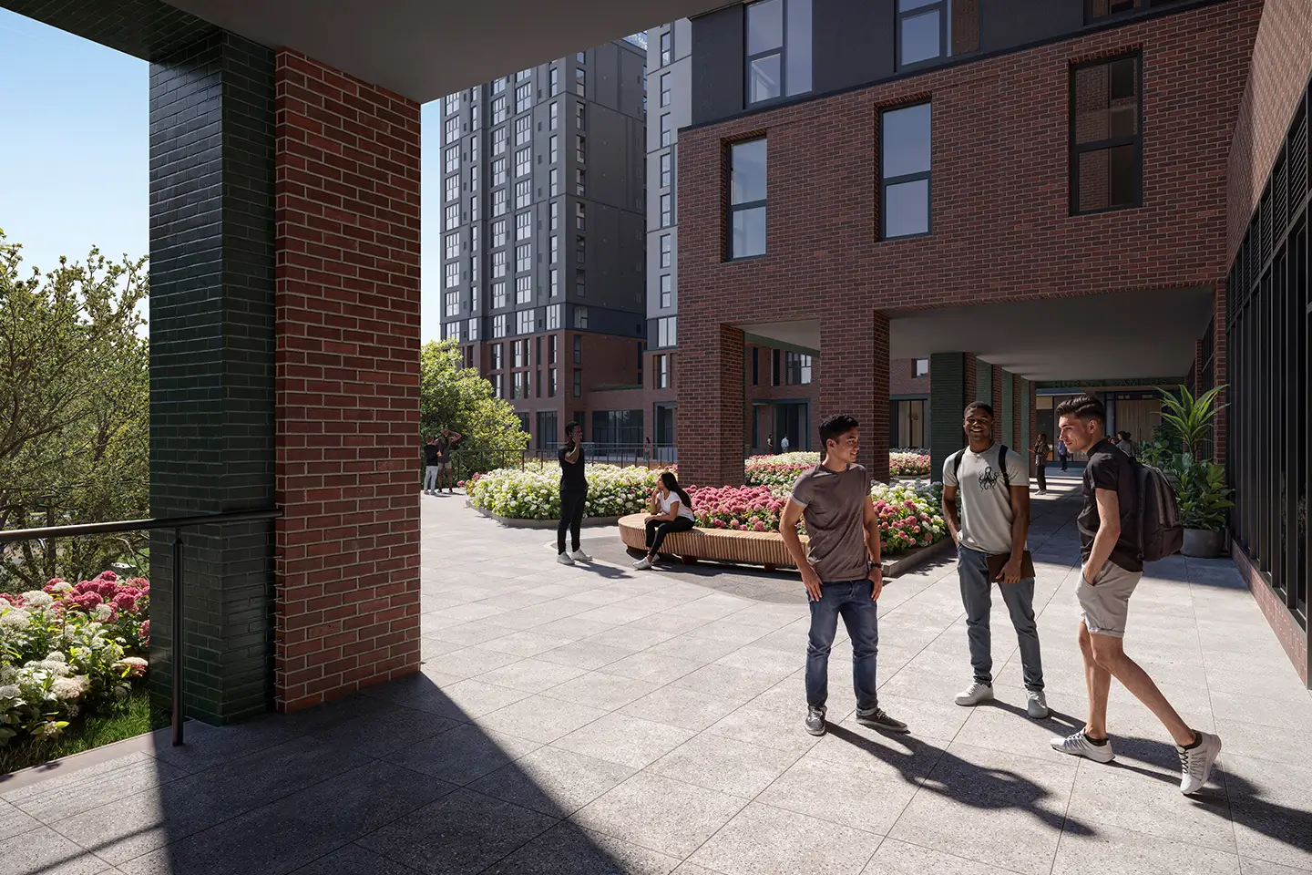 residents walking outdoors by the building