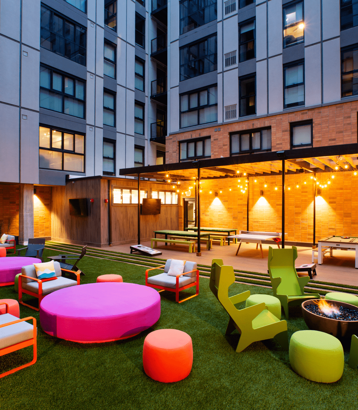 Outdoor lawn with colorful seating