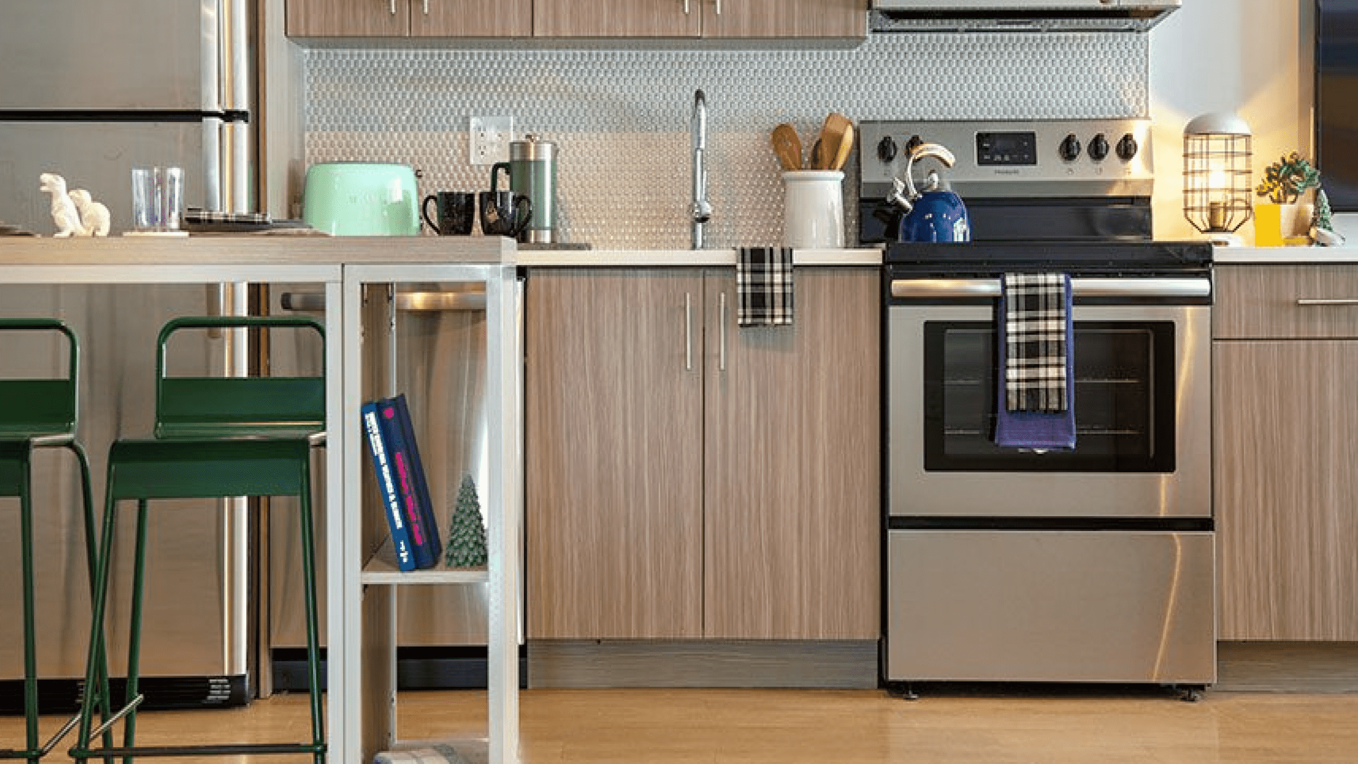 Kitchen with brown cabinets and stainless steel appliances