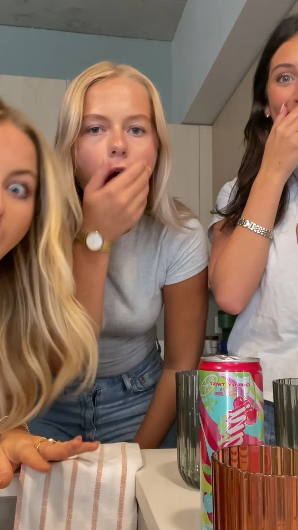 Three friends making shocked expressions