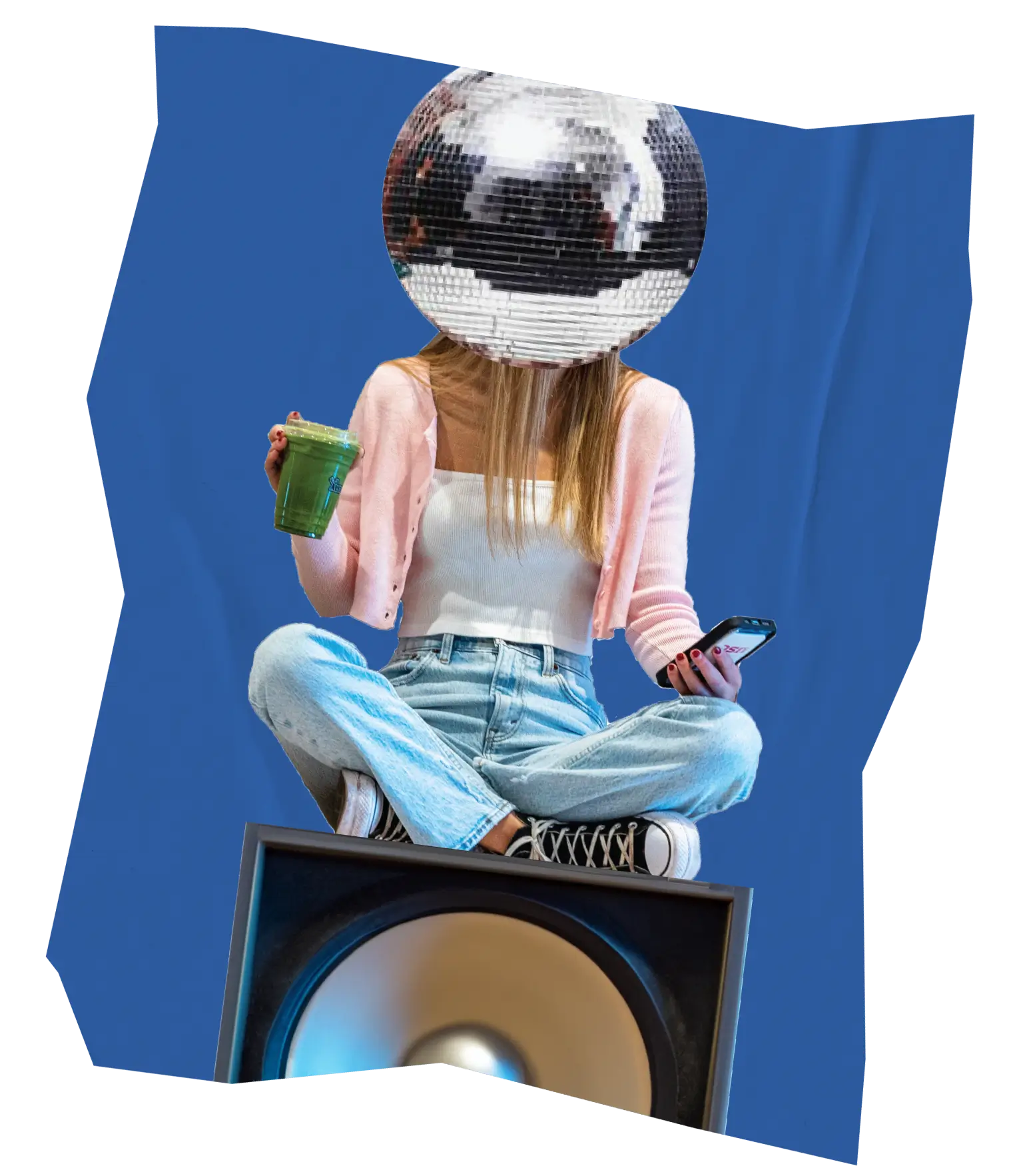 A woman with a disco ball head